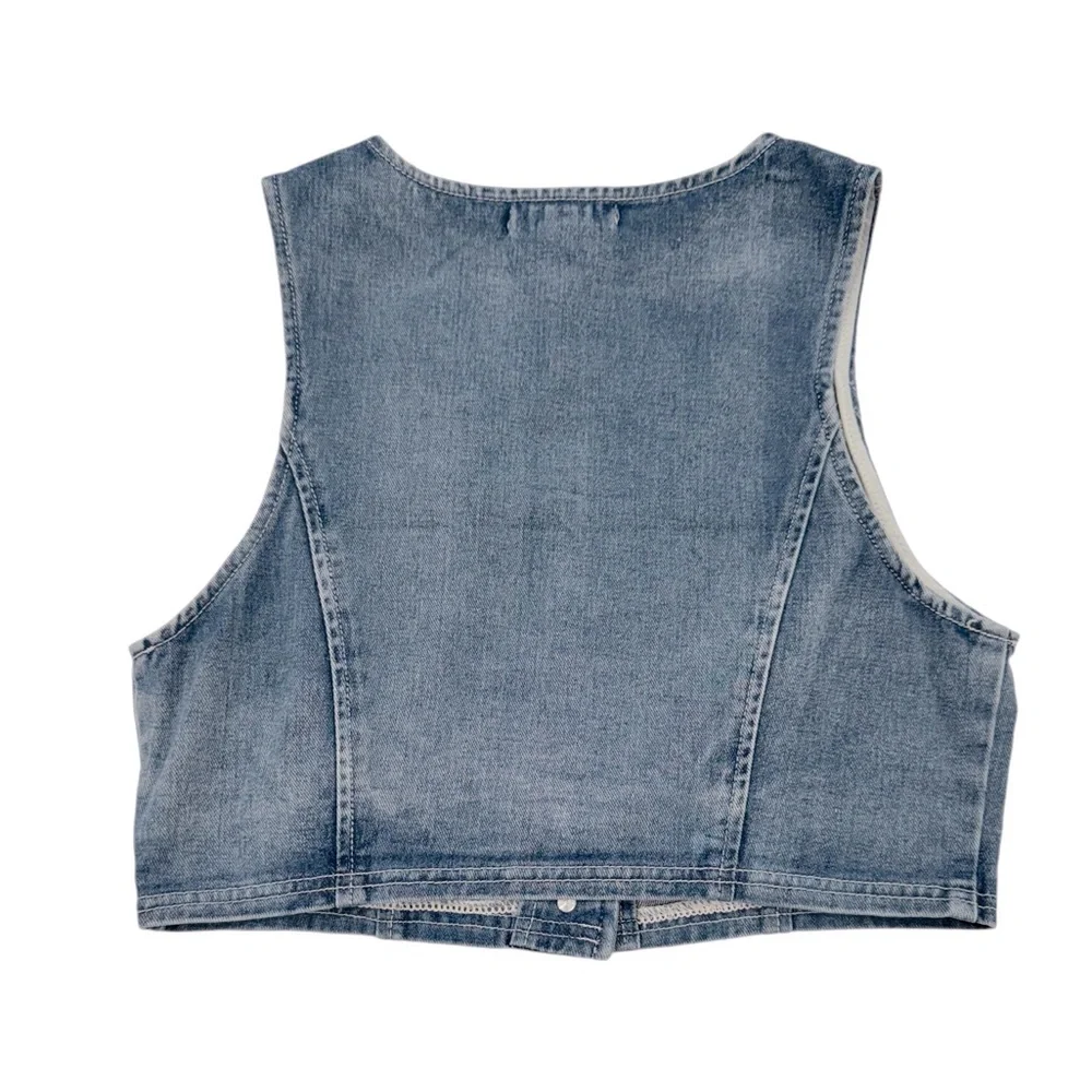 SINCERELY JULES Denim Jean Vest Crop Light Wash Rose Gold Buttons NWT Size Large - Picture 5 of 6